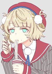 1girl aqua_eyes blonde_hair chopsticks collared_shirt commentary_request cup cup_ramen eating food grey_jacket hair_ornament hair_rings hands_up highres holding holding_chopsticks holding_cup holding_food indie_virtual_youtuber jacket looking_at_viewer medium_hair meme mono9ron no_pupils pom_pom_(clothes) pom_pom_hair_ornament portrait red_sailor_collar sailor_collar shigure_ui_(vtuber) shigure_ui_(vtuber)_(1st_costume) shirt simple_background slouching_shigure_ui_(meme) solo striped_clothes striped_jacket vertical-striped_clothes vertical-striped_jacket virtual_youtuber white_background white_shirt