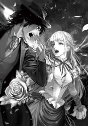 1boy 1girl angry blunt_bangs dress eye_contact fata_morgana_no_yakata flower highres holding_another&#039;s_wrist jacopo_bearzatti long_hair looking_at_another moyatarou non-web_source novel_illustration official_art rose short_hair shouting the_white-haired_girl_(fata_morgana_no_yakata)