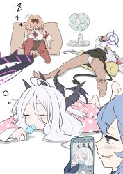 4girls ako_(blue_archive) barefoot blue_archive cellphone cellphone_photo chinatsu_(blue_archive) dark-skinned_female dark_skin demon_girl demon_horns demon_wings electric_fan food food_in_mouth glasses halo highres hina_(blue_archive) hina_(pajamas)_(blue_archive) holding holding_food holding_phone holding_popsicle horns iori_(blue_archive) looking_at_phone melting_popsicle mosuke1221 multiple_girls multiple_horns pajamas phone polka_dot polka_dot_pajamas popsicle popsicle_in_mouth prefect_team_(blue_archive) sleeping smartphone taking_picture wings zzz