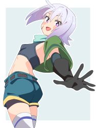1girl aqua_scarf black_gloves blush breasts capelet chris_(konosuba) contemporary facial_scar floating_hair gloves green_capelet grey_sports_bra hair_between_eyes highres kono_subarashii_sekai_ni_shukufuku_wo! looking_at_viewer noyama_takenoko open_mouth outstretched_arm outstretched_hand purple_eyes scar scar_on_cheek scar_on_face scarf short_hair shorts shorts_under_shorts small_breasts smile solo sports_bra spread_fingers