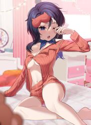 1girl blue_choker blue_eyes blue_hair blurry blush bow bow_choker breasts choker commentary depth_of_field highres indoors long_hair long_sleeves looking_at_viewer medium_breasts miside mita_(miside) mokaren navel no_bra one_eye_closed open_mouth pajamas partially_unbuttoned red_pajamas red_shirt red_shorts rubbing_eyes shirt shorts sleepy_mita_(miside) solo tearing_up teeth thighs underboob upper_teeth_only