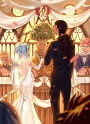 Rule 34 | 1girl, 4boys, black hair, black suit, blonde hair, blue hair, bridal veil, bride, character request, check character, commentary, dress, elbow gloves, english commentary, eye contact, fairy tail, formal clothes, gajeel redfox, gloves, grace tran, groom, hair bun, highres, holding hands, jet (fairy tail), levy mcgarden, looking at another, multiple boys, natsu dragneel, necktie, pink hair, pink petals, ponytail, scarf, sidelocks, suit, tree, tumblr username, veil, warrod sequen, wedding dress, white gloves
