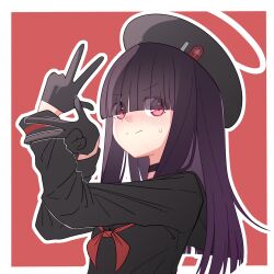 1girl beret black_choker black_gloves black_hair black_hat black_shirt blue_archive blunt_bangs blunt_ends border choker closed_mouth commentary_request double_w eyes_visible_through_hair gloves hair_over_eyes half_gloves halo hat highres justice_task_force_member_(blue_archive) long_hair long_sleeves neckerchief outline outside_border purple_hair red_background red_eyes red_neckerchief school_uniform serafuku shirt sidelighting simple_background smile solo sora23174 split_mouth sweatdrop tareme upper_body v-shaped_eyebrows w white_border white_outline