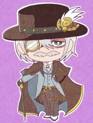 1boy absurdres alternate_color belt black_coat black_gloves black_hat black_pants blue_coat brown_belt cane closed_mouth coat coat_on_shoulders derutta facial_hair formal_clothes gear_hat_ornament gears gloves gold_brooch gold_buckle gold_trim grey_eyes grey_hair hair_between_eyes half-closed_eyes hand_on_cane hat hat_ornament highres holding holding_cane jack_the_ripper_(shuumatsu_no_valkyrie) leg_strap long_hair looking_at_viewer male_focus monocle monocle_chain multiple_belts mustache one_eye_covered pants pouch purple_background shaded_face shirt short_hair shuumatsu_no_valkyrie smile standing steampunk suit top_hat two-sided_fabric victorian white_footwear white_shirt