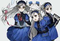 1girl absurdres alternate_hairstyle angry black_gloves blue_dress blue_hairband book braid butterfly_hair_ornament card caroline_(persona_5) clipboard cowboy_shot dress elbow_gloves equation floating_card gloves grey_background grey_hair grin hair_bun hair_ornament hairband hashtag-only_commentary highres holding holding_baton_(weapon) holding_book holding_clipboard iun_321 justine_(persona_5) lavenza_(persona_5) looking_at_viewer multiple_views open_book open_mouth persona persona_5 puff_of_air puffy_short_sleeves puffy_sleeves short_sleeves side_braid simple_background smile straight-on yellow_eyes