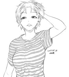 Rule 34 | 1girl, arm at side, black eyes, breasts, dated, facing viewer, forehead, hands in hair, large breasts, mole, mole under eye, mole under mouth, original, shirt, short hair, short sleeves, signature, simple background, straight-on, striped clothes, striped shirt, tsukudani (coke-buta), very short hair, white background