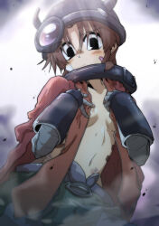 1girl absurdres bandaid bandaid_on_cheek bandaid_on_face black_eyes blush breasts brown_hair bruise cape closed_mouth cosplay ed-chan_(edkuroki) edkuroki fake_horns helmet highres horned_helmet horns injury made_in_abyss navel original pants parted_bangs red_cape reg_(made_in_abyss) reg_(made_in_abyss)_(cosplay) small_breasts smoke solo topless_female