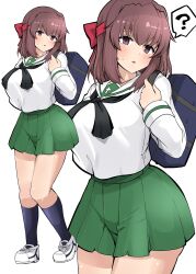 Rule 34 | 1girl, ?, absurdres, asyura kumo, bag, black neckerchief, blouse, blue socks, breasts, brown eyes, brown hair, carrying, commentary, girls und panzer, green skirt, headband, highres, kondou taeko, large breasts, long sleeves, looking at viewer, medium hair, miniskirt, neckerchief, ooarai school uniform, open mouth, pleated skirt, red headband, sailor collar, school bag, school uniform, serafuku, shirt, shoes, simple background, skirt, sneakers, socks, solo, spoken question mark, standing, sweatdrop, white background, white sailor collar, white shirt, white shoes