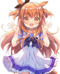 1girl :d animal_ears blunt_bangs blush bow bowtie brown_ribbon collarbone cowboy_shot ear_ribbon flat_chest frilled_skirt frills gau_(n00_shi) hands_up happy highres horse_ears horse_girl horse_tail horseshoe_ornament long_hair looking_at_viewer mayano_top_gun_(umamusume) open_mouth orange_eyes orange_hair orange_tail palms pleated_skirt puffy_short_sleeves puffy_sleeves purple_bow purple_bowtie purple_sailor_collar purple_serafuku purple_shirt purple_skirt ribbon sailor_collar sailor_shirt school_uniform serafuku shirt short_sleeves simple_background skirt smile solo summer_uniform tail teeth tracen_school_uniform two_side_up umamusume upper_teeth_only white_background