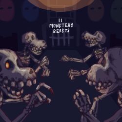 4others claws glowing glowing_eyes gus_uur indoors iron_bars looking_at_viewer monster multiple_others nintendo open_mouth orange_eyes skeleton stalchild table the_legend_of_zelda the_legend_of_zelda:_majora&#039;s_mask upper_body