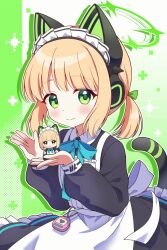 1girl animal_ear_headphones animal_ears apron aqua_bow aqua_bowtie back_bow black_dress black_tail blonde_hair blue_archive blunt_bangs blush bow bowtie cat_ear_headphones cat_ears cat_tail character_doll chinese_commentary closed_mouth collared_dress colored_shadow commentary_request contrast_collar cupping_hand doll dress drop_shadow eyes_visible_through_hair fake_animal_ears fake_tail floating_clothes frilled_dress frills green_background green_bow green_eyes green_halo hair_bow halo hands_up headphones heart highres holding holding_doll long_sleeves looking_at_viewer lossy-lossless low_twintails maid maid_apron maid_headdress making-of_available medium_hair midori_(blue_archive) midori_(maid)_(blue_archive) millennium_science_school_logo miomio1568315 official_alternate_costume official_alternate_hairstyle outline parted_bangs promotional_art puffy_long_sleeves puffy_sleeves shadow short_twintails sidelocks smile solo sparkle_background split_mouth tail tail_raised tamagotchi tamagotchi_(virtual_pet) twintails two-tone_background upper_body video_crop white_apron white_bow white_headdress white_outline