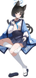 1girl absurdres animal_ears black_eyes black_hair blue_archive blue_halo blue_neckerchief blue_skirt breasts cat_ears cat_girl cat_tail closed_mouth feet fengqun halo highres kikyou_(blue_archive) legs looking_at_viewer medium_breasts multiple_tails neckerchief school_uniform serafuku short_hair simple_background sitting skirt smile socks soles solo tabi tail toes white_background white_socks