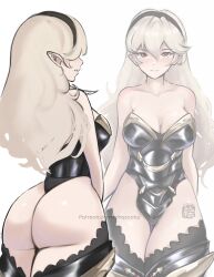 1girl absurdres armor armored_leotard ass black_armor black_hairband blush breasts chascoby cleavage closed_mouth commentary female_corrin_(fire_emblem) female_corrin_(nohr_noble)_(fire_emblem) fire_emblem fire_emblem_fates fire_emblem_heroes grey_hair hair_between_eyes hairband highres large_breasts leotard long_hair looking_at_viewer medium_breasts multiple_views nintendo official_alternate_costume pointy_ears red_eyes simple_background thick_thighs thighhighs thighs white_hair