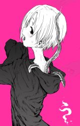 10s 1girl blush dokuromaru ear_piercing eel female_focus hair_over_one_eye highres hood hood_down hoodie idolmaster idolmaster_cinderella_girls long_sleeves piercing pink_background shirasaka_koume short_hair sleeves_past_wrists solo sweatdrop tentacles you_gonna_get_raped