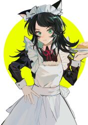 1girl absurdres animal_ear_fluff animal_ears apron bang_dream! bang_dream!_it&#039;s_mygo!!!!! black_dress black_hair blue_eyes closed_mouth dress food hand_on_own_hip highres holding holding_tray jinfeng0430 juliet_sleeves kemonomimi_mode long_hair long_sleeves maid maid_apron maid_headdress neck_ribbon omelet omurice puffy_sleeves red_ribbon ribbon solo sweatdrop translation_request tray white_apron wolf_ears wolf_girl yahata_umiri