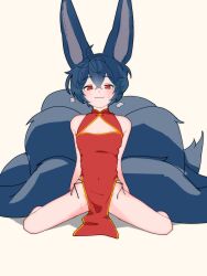 1girl alternate_costume animal_ears artist_request blue_hair blush china_dress chinese_clothes cleavage_cutout clothing_cutout covered_navel dot_nose dress erune flat_chest fox_ears fox_girl fox_tail granblue_fantasy hair_between_eyes highres large_tail loli looking_at_viewer multiple_tails navel no_panties pelvic_curtain red_dress red_eyes short_hair side-tie_dress side_slit sitting sleeveless sleeveless_dress smile solo tail wariza you_(granblue_fantasy)