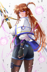 1girl :o adapted_costume ass black_gloves black_shirt black_shorts breasts brown_pantyhose capelet commentary_request fingerless_gloves from_behind gloves hair_ribbon high-waist_shorts highres holding holding_staff large_breasts long_hair long_sleeves looking_at_viewer looking_back lyrical_nanoha mage_staff magic mahou_shoujo_lyrical_nanoha_strikers one_side_up paid_reward_available pantyhose purple_eyes raising_heart raising_heart_(exceed_mode) ribbon shirt shorts solo sougetsu_izuki staff standing takamachi_nanoha white_capelet white_ribbon