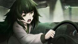 blunt_bangs car car_interior clothing_request collar collarbone crack cracked_glass dress driving flat_chest game_cg green_collar green_dress green_eyes green_hair green_trim grey_jacket gunshot highres hiyajou_maho huke jacket jacket_over_dress long_hair long_sleeves messy_hair motion_blur motor_vehicle nervous_sweating non-web_source official_art open_mouth rear-view_mirror right-hand_drive ringed_eyes scared shirt shouting steering_wheel steins;gate steins;gate_0 sweat teeth thick_eyebrows tongue v-shaped_eyebrows very_long_hair windshield