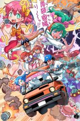 Rule 34 | 3boys, 5girls, absurdres, aircraft, airplane, anger vein, artist name, banto homura, bare arms, baseball bat, baseball cap, baseball jersey, baseball uniform, belt, black belt, black eyes, black hair, black shoes, black skirt, black sleeves, blue hair, blue hat, blush, bomb, bow, boxers, breasts, brown hair, butasan, can, car, city connection, clarice (city connection), cleavage, commentary, company connection, controller, cross, crossover, crucifixion, dress, driving, electricity, explosive, facial hair, fang, field combat, firing, frilled dress, frills, game center arashi, game tengoku, genesis-3, genius yamada, green eyes, green hair, hair between eyes, hair bow, hairband, hand up, hat, high heels, highres, holding, holding baseball bat, holding bomb, holding microphone, holding rocket launcher, holding weapon, honda, honda city, isedaichi ken, ito yuki, jacket, jersey, jitome, joystick, kato (game tengoku), large breasts, layered sleeves, leotard, lit fuse, long hair, long sleeves, looking at viewer, male underwear, medium breasts, medium hair, microphone, moero!! pro yakyuu, moon, motion blur, motor vehicle, multiple boys, multiple girls, multishot rocket launcher, mustache, nakamura (game tengoku), one eye closed, open clothes, open mouth, open shirt, orange hair, pants, pantyhose, parody, pencil skirt, pig, pig (butasan), pink bow, pink dress, pink hair, pink leotard, pink pantyhose, ponytail, purple hairband, purple shirt, red eyes, red vest, restrained, rocket launcher, rope, sailor collar, separated arms, shirt, shoes, short hair, short over long sleeves, short sleeves, short twintails, sitting, skirt, sleeveless, sleeveless dress, sleeveless shirt, small breasts, small sweatdrop, smile, sparkle, sportswear, sunglasses, tatsujin (game), tatsujin (tatsujin), tears, through window, translated, twintails, twitter username, ufo, underwear, upside-down, v-shaped eyebrows, vest, weapon, white belt, white jacket, white pants, white sailor collar, white shirt, white skirt, yellow bow