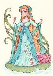 Rule 34 | blonde hair, blush, breasts, cleavage, disney fairies (book series), dress, eyelashes, fairy, fantasy, floral print, floral print dress, flower, highres, kuridel, lily pad, lips, long hair, long sleeves, loose dress, low neckline, pointy ears, print dress, solo, water lily flower