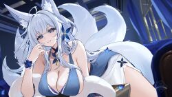 1girl ahoge animal_ear_fluff animal_ears azur_lane blue_dress blush breasts cleavage closed_mouth commentary dress feather_boa fox_ears fox_girl fox_tail hair_intakes halter_dress halterneck highres kitsune kyuubi large_breasts large_tail long_hair looking_at_viewer multiple_tails official_alternate_costume shinano_(azur_lane) shinano_(dreams_of_the_hazy_moon)_(azur_lane) smile solo tail white_hair white_tail wrist_flower yamaha_tsui