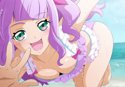 1girl aqua_eyes beach bikini blue_sky breasts collarbone cut_bangs day ellee-chan frilled_bikini frills fuchi_(nightmare) hirogaru_sky!_precure horizon large_breasts long_hair looking_at_viewer ocean open_mouth outdoors precure purple_bikini purple_hair sand sky smile solo swimsuit wet