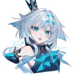 Rule 34 | 1girl, :o, bare shoulders, blue eyes, cerydra (honkai: star rail), crown, grey hair, hair intakes, head tilt, highres, honkai: star rail, honkai (series), long hair, looking at viewer, mini crown, open mouth, s roma yasu, simple background, sleeveless, solo, upper body, white background