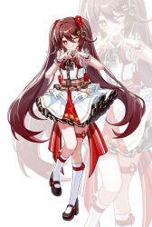 1girl :q absurdres alternate_costume blush brown_hair brown_shoes closed_mouth commentary dress english_commentary fingernails flower-shaped_pupils four-finger_heart_hands frilled_wrist_cuffs frills genshin_impact gradient_hair hair_between_eyes hands_up heart heart_hands highres hu_tao_(genshin_impact) long_hair looking_at_viewer multicolored_hair nail_polish prana_(prana12) red_eyes red_hair red_nails shoes simple_background socks symbol-shaped_pupils thigh_strap tongue tongue_out twintails very_long_hair white_background white_dress white_socks wrist_cuffs zoom_layer