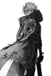 Rule 34 | 1boy, blonde hair, closed mouth, coat, glasses, greyscale, gun, handgun, highres, holding, ixo7pn, jacket, long coat, male focus, mole, mole under eye, monochrome, prosthesis, prosthetic arm, revolver, round eyewear, short hair, trigun, trigun stampede, undercut, vash the stampede, weapon, white background