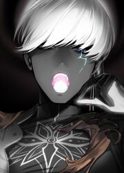 Rule 34 | 1boy, absurdres, blue eyes, colored sclera, colored skin, dark-skinned male, dark skin, earrings, fate/grand order, fate (series), glowing teeth, glowing tongue, grey eyes, grey sclera, grey skin, highres, indra (fate), jewelry, lightning bolt facial mark, looking at viewer, male focus, muneomon (takomon), open mouth, portrait, shirt, short hair, solo, teeth, white hair