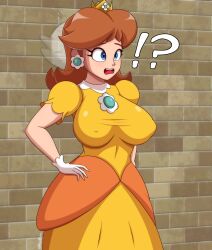 1girl absurdres blue_eyes boo_(mario) breasts brown_hair crown dress earrings flower_earrings ghost gloves halloween hand_on_own_hip highres jewelry large_breasts mario_(series) migi_rider nintendo open_mouth orange_dress possessed princess_daisy puffy_short_sleeves puffy_sleeves short_sleeves standing surprised tomboy wall