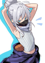 1girl adjusting_hair amamiyayk armpits arms_up blue_eyes colored_eyelashes commentary cowboy_shot deux_murasame drop_shadow grey_hair gundam gundam_gquuuuuux highres long_hair looking_at_viewer mask mecha_pilot_suit midriff mouth_mask navel scarf shirt sleeveless sleeveless_shirt solo updo white_background white_eyelashes