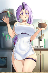1girl absurdres apron blush bowl breasts castell cleavage closed_mouth collarbone covered_navel highres holding holding_bowl holding_tray horns indoors large_breasts licking_lips long_hair looking_at_viewer nail_polish naked_apron oni parted_bangs ponytail pot purple_eyes purple_nails shion_(tensura) single_horn sink smile solo tensei_shitara_slime_datta_ken thighs tongue tongue_out tray white_apron