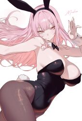 1girl alternate_costume animal_ear_hairband animal_ears bare_shoulders black_bow black_bowtie black_leotard blush bow bowtie breasts covered_navel detached_collar fake_animal_ears fake_tail fishnet_pantyhose fishnets hairband highleg highleg_leotard highres hololive hololive_english large_breasts leotard long_hair mashiro_www mori_calliope pantyhose pink_eyes pink_hair playboy_bunny rabbit_ear_hairband rabbit_ears rabbit_tail simple_background solo strapless strapless_leotard tail traditional_bowtie virtual_youtuber white_background white_wrist_cuffs wrist_cuffs