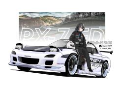 1girl absurdres black_hair black_jumpsuit black_shoes blue_hair blush car discord_logo discord_username helmet highres jumpsuit mazda mazda_rx-7 mazda_rx-7_fd motor_vehicle multicolored_hair pop-up_headlights punishing:_gray_raven purple_eyes race_vehicle racecar racing_suit rlayuta road selena_(pgr) shadow shoes smile sneakers solo spoiler_(automobile) sports_car streaked_hair twitter_x_logo unworn_headwear unworn_helmet vehicle_name white_car white_helmet