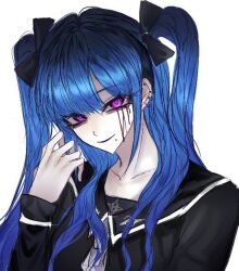 1girl amemiya_darumi blood blood_on_face bloody_tears blue_hair collarbone ear_piercing eyebrows eyelashes female_focus lip_piercing long_hair long_sleeves looking_at_viewer piercing pink_eyes solo the_hundred_line_-last_defense_academy- twintails