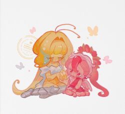 Rule 34 | 1boy, 1girl, angel wings, antenna hair, armored boots, blonde hair, boots, butterfly wings, chibi, colored skin, cookie run, cookie run: kingdom, cupid, curly eyebrows, floating hair, humanization, insect wings, ishrkut, layered clothes, leg armor, leotard, long eyelashes, long hair, pavlova cookie, pink skin, sugarfly cookie, very long hair, wings, yellow leotard, yellow skin