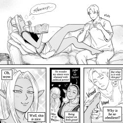 1boy 3girls absurdres barefoot bb_(baalbuddy) brother_and_sister brother_and_step-sister casual crop_top dark-skinned_female dark_elf dark_skin elf english_text foot_massage highres long_hair multiple_girls original pointy_ears short_shorts shorts siblings sisters smug speech_bubble step-brother_and_step-sister step-siblings tank_top toes willford_diccard zana_(dark_elf_stepsister)