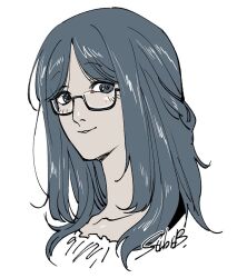 1girl commentary glasses ichigo_beeru kimura_(toshi_densetsu_kaitai_center) long_hair looking_at_viewer parted_lips portrait semi-rimless_eyewear signature simple_background smile solo swept_bangs symbol-only_commentary toshi_densetsu_kaitai_center under-rim_eyewear white_background