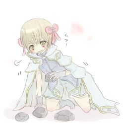 1boy :3 ajie_(sura-kun) blonde_hair blush bow cape closed_mouth commentary_request full_body grey_shirt grey_shorts grey_socks hair_bow holding holding_rock kneeling looking_down lowres male_focus no_shoes pink_bow ragnarok_online rock shirt short_hair shorts smile socks solo white_cape wizard_(ragnarok_online) yellow_eyes