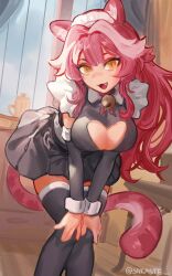 1girl absurdres alternate_costume animal_ear_fluff animal_ears bell black_dress breasts cleavage cleavage_cutout clothing_cutout detached_sleeves dress fang frills hair_intakes hands_on_own_knees highres hololive hololive_english large_breasts leaning_forward long_hair looking_at_viewer maid maid_headdress multicolored_hair neck_bell open_mouth panther_ears panther_girl panther_tail pink_hair raora_panthera sakaste slit_pupils solo streaked_hair tail thighhighs unconventional_maid virtual_youtuber white_hair wrist_cuffs yellow_eyes