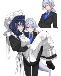 1boy 1girl ;) absurdres black_pants black_shoes black_suit blue_eyes blue_hair blue_necktie boros_(ouro_kronii) butler carrying commentary english_commentary formal_clothes frilled_hat frills grey_hair hair_between_eyes hair_intakes hand_on_another&#039;s_shoulder hat highres hololive hololive_english juliet_sleeves koizumi_arata light_blush long_hair long_pointy_ears long_sleeves looking_at_viewer maid mob_cap multiple_views necktie official_alternate_costume one_eye_closed ouro_kronii ouro_kronii_(maid) pants parted_lips personification pointy_ears ponytail princess_carry puffy_sleeves shoes short_ponytail simple_background smile snake_boy snake_tail suit tail victorian_maid virtual_youtuber white_background white_hat wing_collar