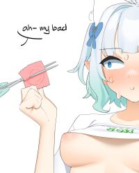 1girl ahoge blue_bow blue_eyes blush bow breasts closed_mouth commentary condom condom_wrapper cut-here_line cutting english_text gradient_hair green_hair grey_hair hair_bow highres holding holding_condom indie_virtual_youtuber kijikoru maid_headdress medium_breasts mint_fantome multicolored_hair nipples pointy_ears scissors shirt short_hair short_sleeves simple_background smile solo symbol-only_commentary twitter_cutting_game white_background white_shirt