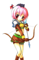 1girl 2000s_(style) animal animal_on_head arrow_(projectile) black_cat blush_stickers bow bow_(weapon) brown_gloves brown_shirt brown_shorts brown_skirt brown_socks cat cat_on_head closed_mouth commentary_request crop_top cropped_jacket drawing_bow elbow_gloves feet_out_of_frame fingerless_gloves gloves holding holding_bow_(weapon) holding_weapon hunter_(ragnarok_online) jacket looking_at_viewer marker_(medium) midriff miesa miniskirt navel on_head pink_hair ragnarok_online red_bow red_eyes shirt short_hair short_shorts short_sleeves shorts shorts_under_skirt simple_background skirt smile socks solo standing tail tail_bow tail_ornament traditional_media weapon white_background white_jacket