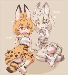 10s 2girls :d animal_ears animal_print arm_support bare_shoulders belt black_belt black_bow black_hair blonde_hair boots bow bowtie breasts cat_ears cat_tail dot_nose elbow_gloves eyebrows facing_another fang full_body gloves grey_bow grey_hair hair_between_eyes heart high-waist_skirt kemono_friends kolshica legs_together looking_at_viewer miniskirt multicolored_gloves multicolored_hair multicolored_legwear multiple_girls open_mouth orange_bow orange_hair orange_legwear orange_neckwear orange_skirt palms panties pantyshot paw_pose platform_boots platform_footwear serval_(kemono_friends) serval_tail shirt short_hair sitting skirt sleeveless sleeveless_shirt small_breasts smile spots striped_clothes striped_panties striped_tail tail tareme thighhighs two-tone_bow two-tone_bowtie two-tone_hair underwear white_belt white_footwear white_serval_(kemono_friends) white_shirt yellow_eyes yokozuwari zettai_ryouiki