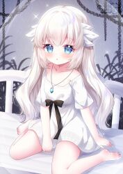 1girl barefoot blue_eyes blush breasts collarbone commentary dress ender_lilies_quietus_of_the_knights grey_hair hamiyamiko lily_(ender_lilies) long_hair parted_lips short_sleeves sitting small_breasts soles solo toes wariza white_dress
