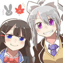 2girls black_hair blue_eyes blush_stickers bow chibi closed_mouth collared_shirt grey_hair grin hair_between_eyes hair_bow hair_ornament hairclip higuchi_kaede higuchi_kaede_(1st_costume) long_hair lowres mole mole_under_eye multiple_girls necktie nijisanji pink_bow ponytail purple_eyes purple_necktie rebecca_(keinelove) school_uniform shirt simple_background smile tsukino_mito tsukino_mito_(1st_costume) upper_body virtual_youtuber white_background white_bow white_shirt