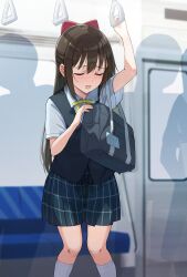 1girl absurdres bag black_vest blue_bag blue_shirt blue_skirt blush bow brown_hair closed_eyes closed_mouth collared_shirt hair_between_eyes hair_bow half_updo hand_grip have_to_pee highres kneehighs large_variant_set long_hair looking_down love_live! love_live!_nijigasaki_high_school_idol_club neck_ribbon nijigasaki_school_uniform osaka_shizuku peeing peeing_self people plaid_clothes plaid_skirt red_bow ribbon school_bag school_uniform shirt short_sleeves sidelocks skirt socks speech_bubble standing tata_(tataice) textless_version train_interior upper_body variant_set vest wet wet_clothes wet_skirt white_socks winter_uniform yellow_ribbon