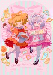 2girls ;p absurdres animal-themed_food apron bell black_shoes blunt_bangs bow bowl bowtie braid brown_hair child chocolate commentary commentary_request cookie dress english_commentary food frilled_dress frilled_socks frills full_body genshin_impact giuniu_(unc_135) hair_bell hair_ornament happy_valentine highres holding holding_bowl holding_tray holding_whisk kneehighs long_hair long_sleeves looking_at_viewer maid_headdress medium_dress mixed-language_commentary multiple_girls no_pupils one_eye_closed orange_eyes pink_background pink_bow pink_bowtie pink_dress pink_eyes polka_dot polka_dot_apron polka_dot_bow purple_hair qiqi_(genshin_impact) red_bow red_bowtie red_dress shoes sidelocks smile socks sparkling_eyes standing standing_on_one_leg striped_background tongue tongue_out tray vertical-striped_background whisk white_headdress white_socks wide_sleeves yaoyao_(genshin_impact) yuegui_(genshin_impact) yume_kawaii