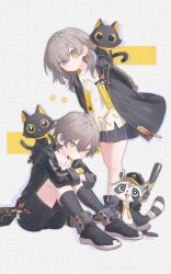 1boy 1girl aged_down baseball_bat black_jacket black_shoes black_shorts black_skirt black_socks caelus_(honkai:_star_rail) child closed_mouth commentary_request dual_persona grey_hair highres holding holding_baseball_bat honkai:_star_rail honkai_(series) jacket kneehighs knees_up medium_hair meimu428 open_clothes open_jacket parted_lips pleated_skirt raccoon shoes short_hair shorts skirt socks standing stelle_(honkai:_star_rail) trailblazer_(honkai:_star_rail) trailblazer_(trash_cake)_(honkai:_star_rail) yellow_eyes
